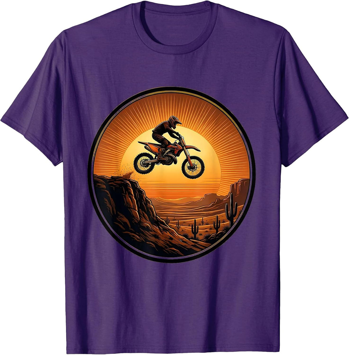 Dirt Bike Silhouette Against Setting Sun Graphic T-Shirt - Purple