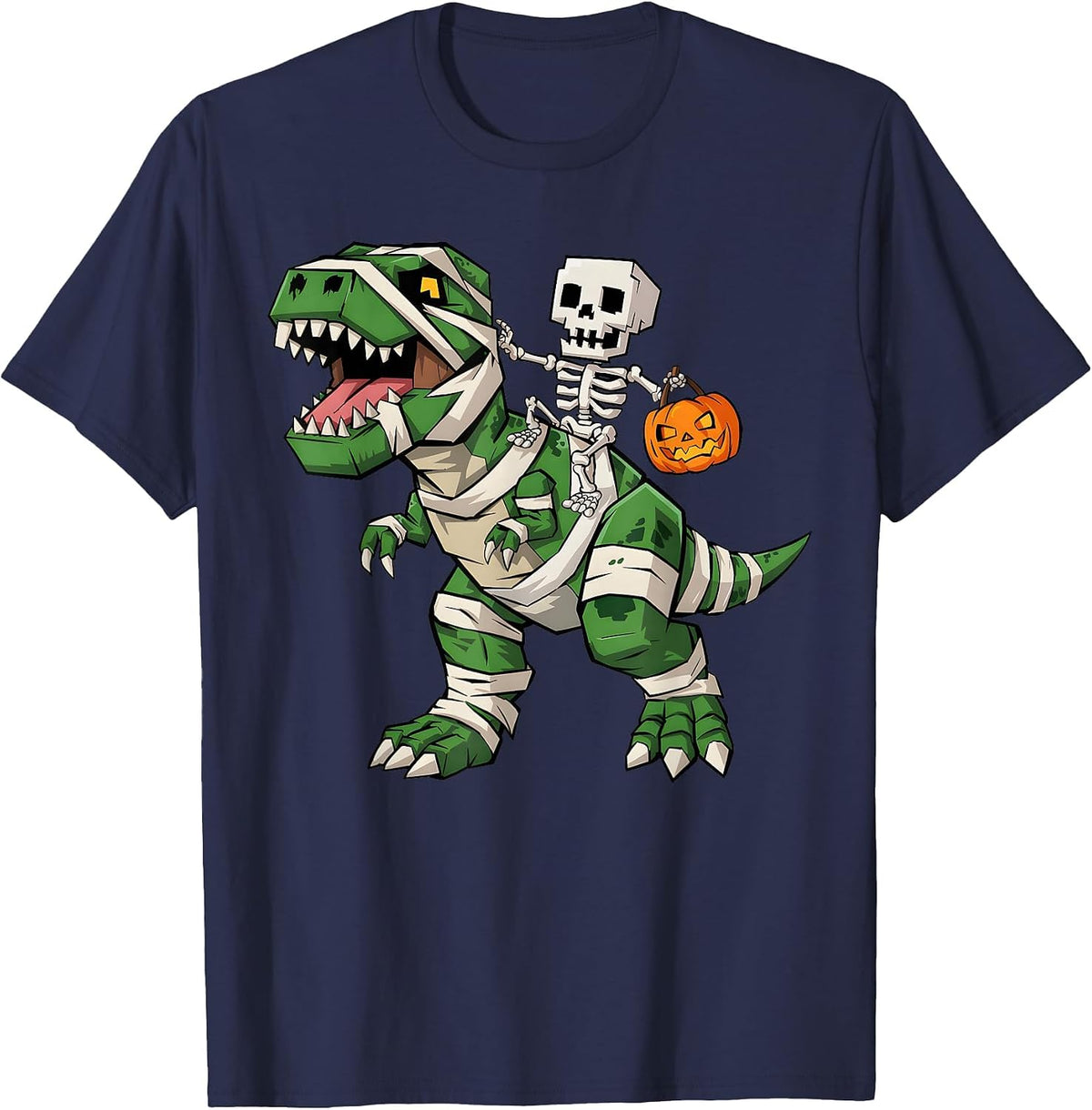 Skeleton Riding Mummy Dinosaur T rex Halloween Funny Gamer T-Shirt - Navy Blue