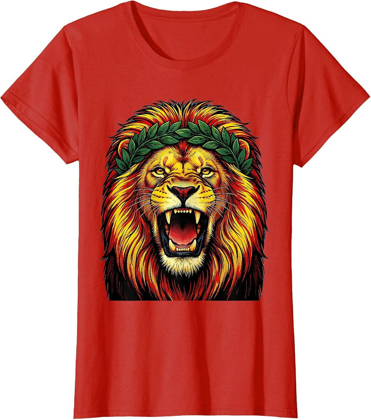 Roaring Lion Victory Wreath Crown Cheer Design T-Shirt - Red