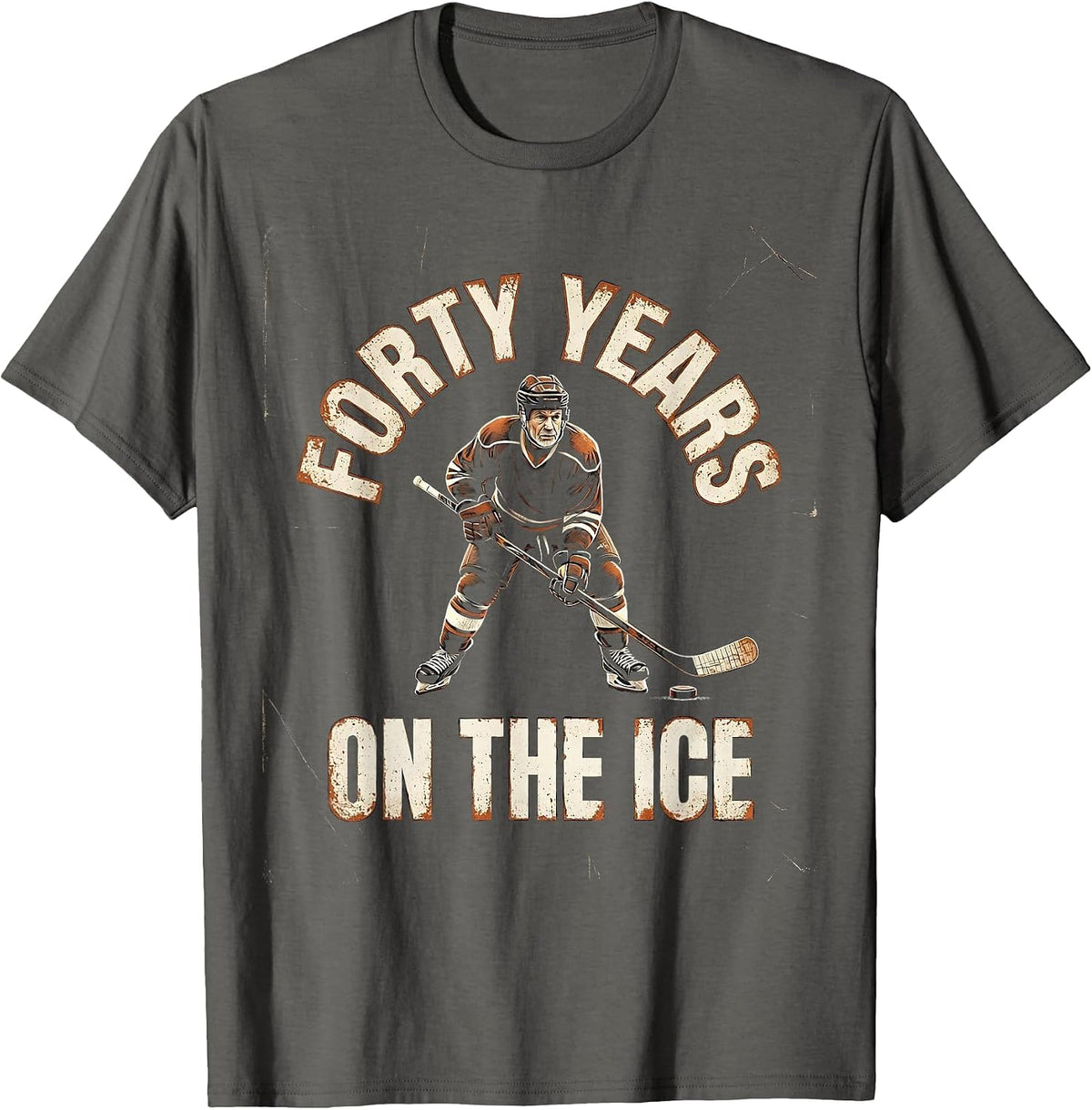 Forty Years On The Ice Distressed Hockey Player Funny Old T-Shirt - Asphalt Grey