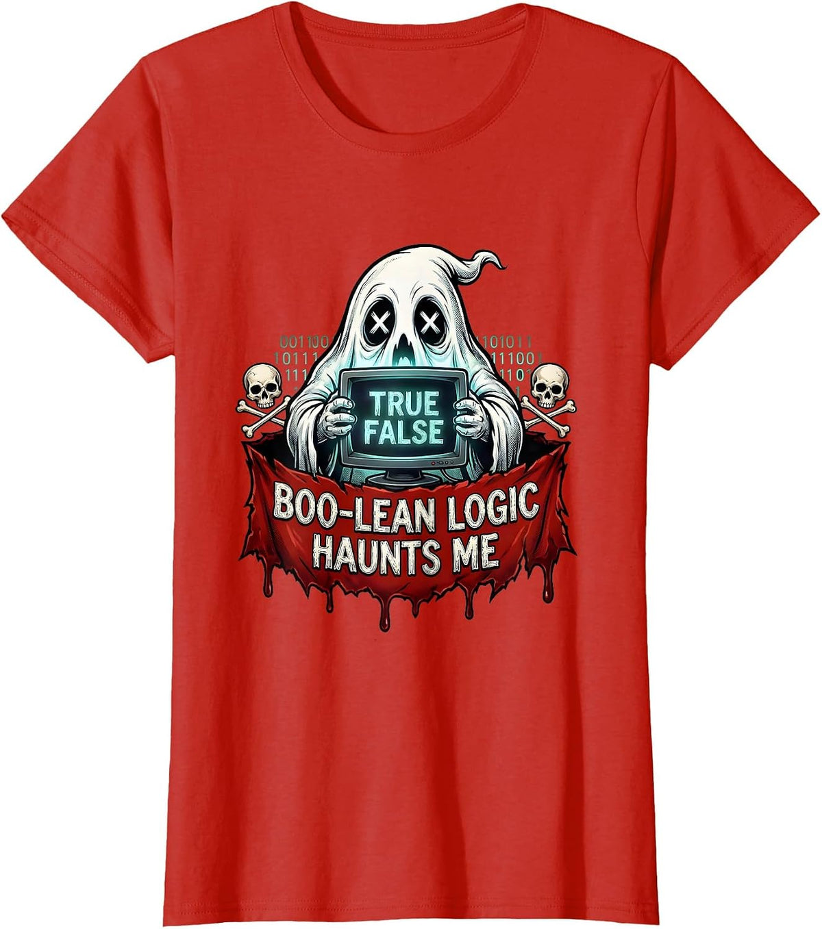 Women's Boo-lean Logic Haunts Me Halloween Programmer T-Shirt - Red