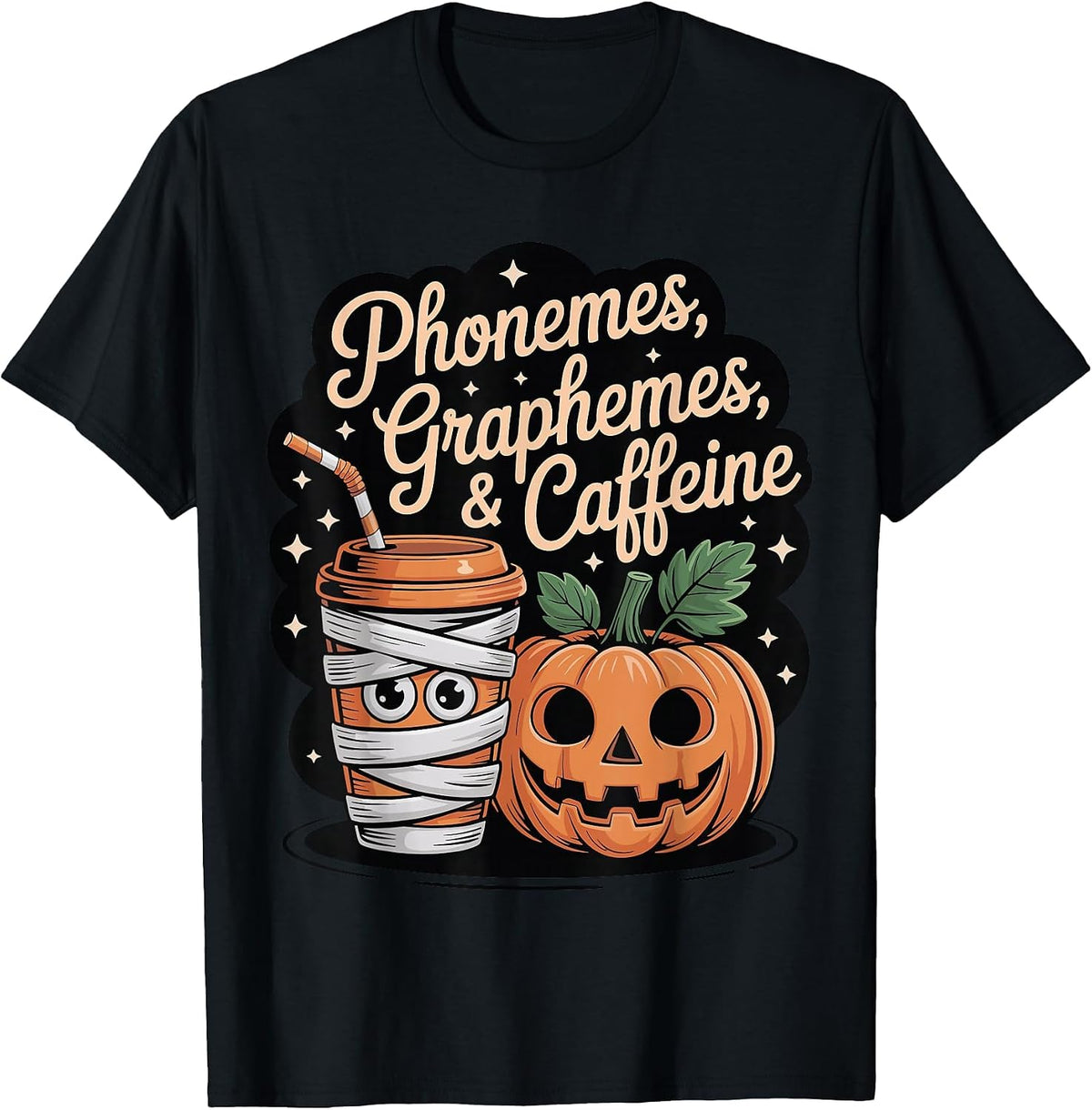 Halloween Teacher Phonemes Graphemes Caffeine Coffee Lover T-Shirt - Black