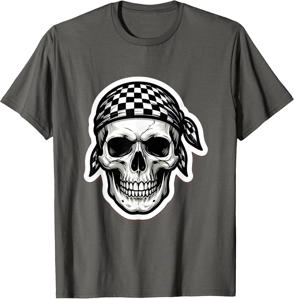 Skull Checkered Bandana Graphic Design T-Shirt - Asphalt Grey
