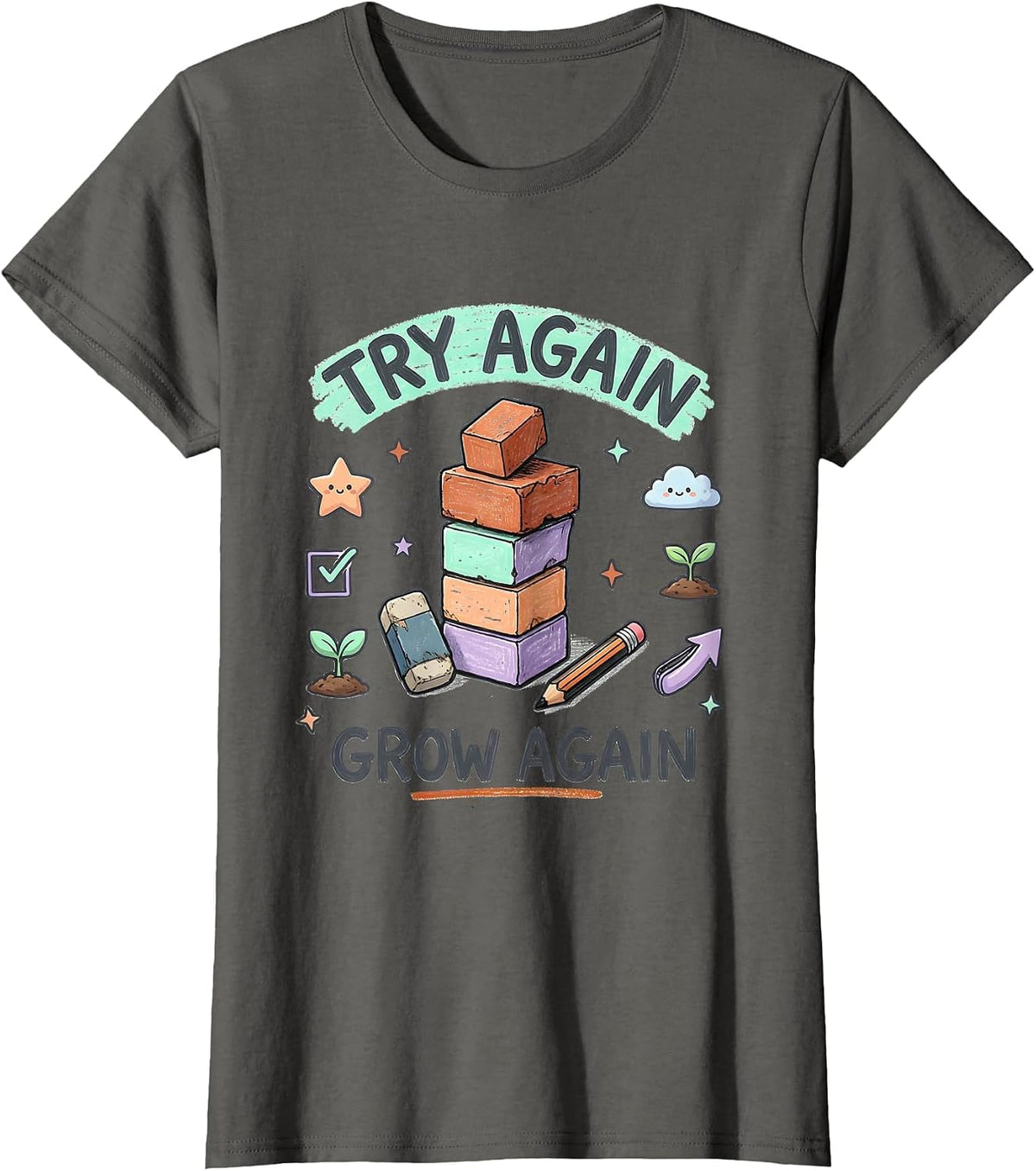 Women's Try Again Grow Again Kawaii Stationery Teacher Growth T-Shirt - Asphalt Grey