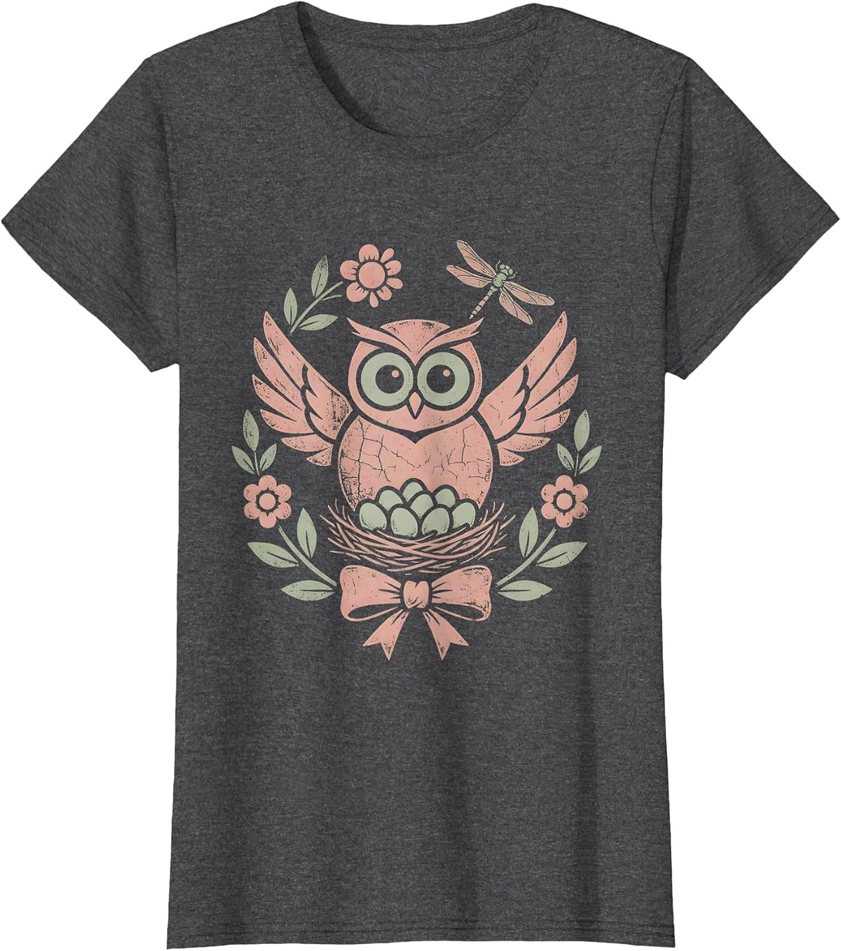 Women's Mother Owl Watching Over Nest at Night T-Shirt - Dark Heather Grey