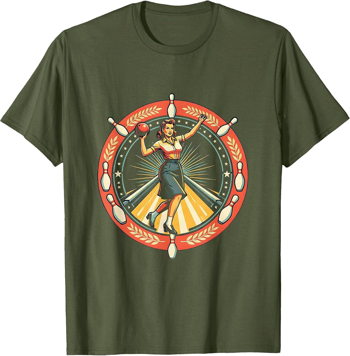 Vintage Pin-Up Bowler Retro Bowling Lane Art T-Shirt - Olive Green