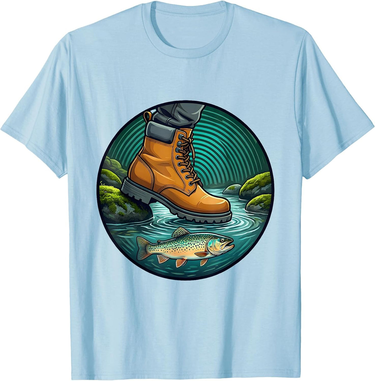 Rugged Stream Wading Trout Fishing Illustration T-Shirt - Baby Blue
