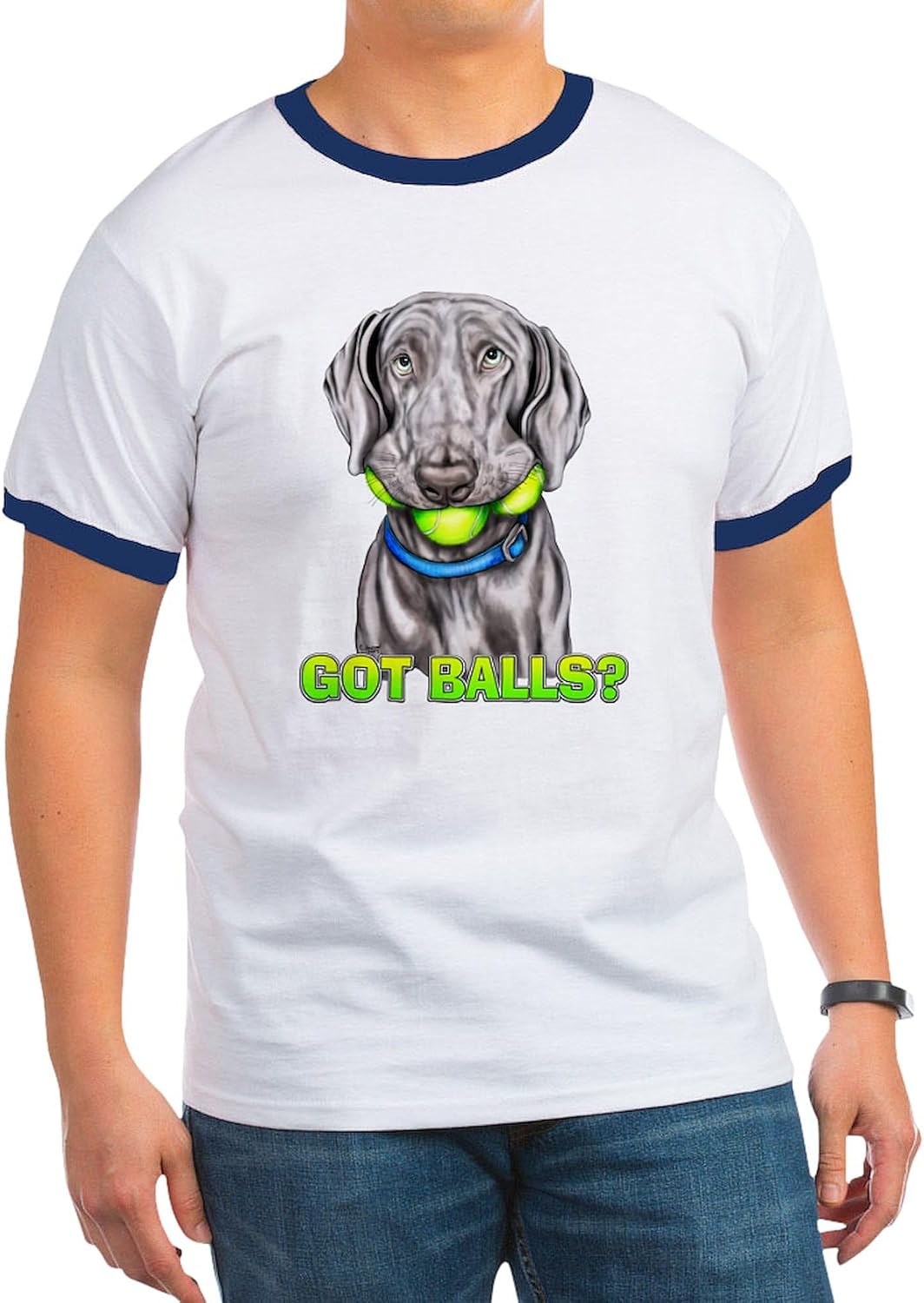 CafePress Weimaraner Got Balls Ringer T Men's Ringer Vintage Graphic T-Shirt - Navy\/White