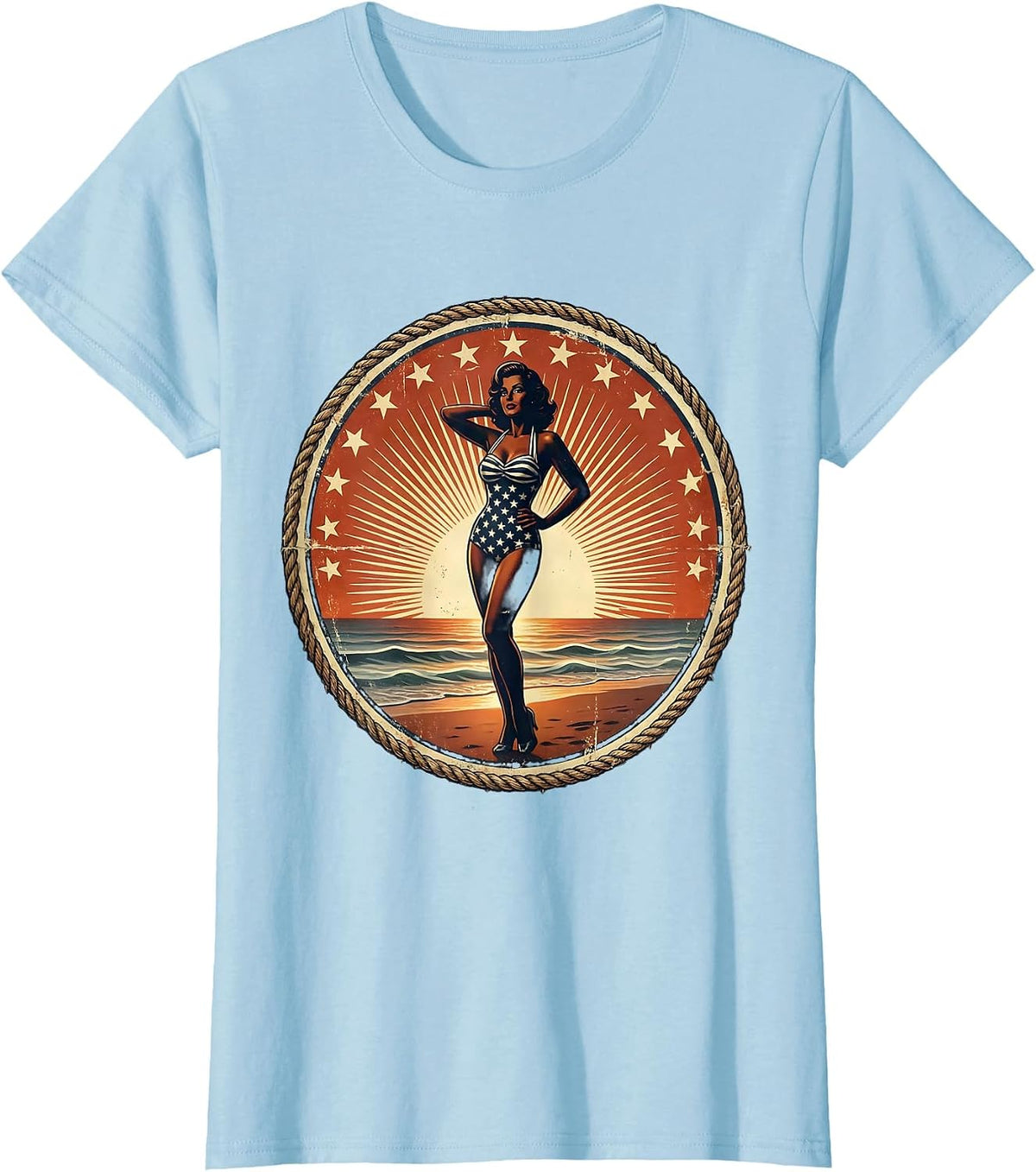 Patriotic Stars and Stripes Beachside Sunset T-Shirt - Baby Blue