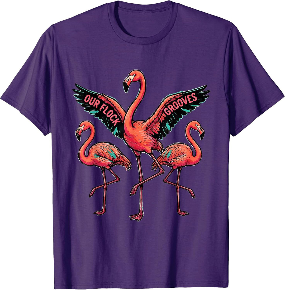Our Flock Grooves Funny Flamingo Novelty Bird Lover Gift T-Shirt - Purple