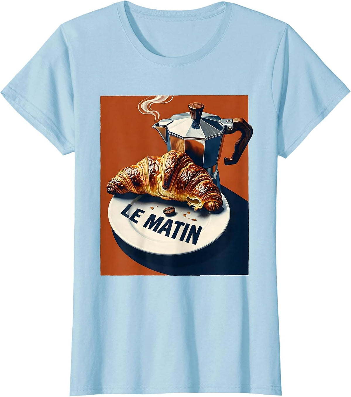Women's Le Matin Coffee Croissant French Café Breakfast Retro T-Shirt - Baby Blue