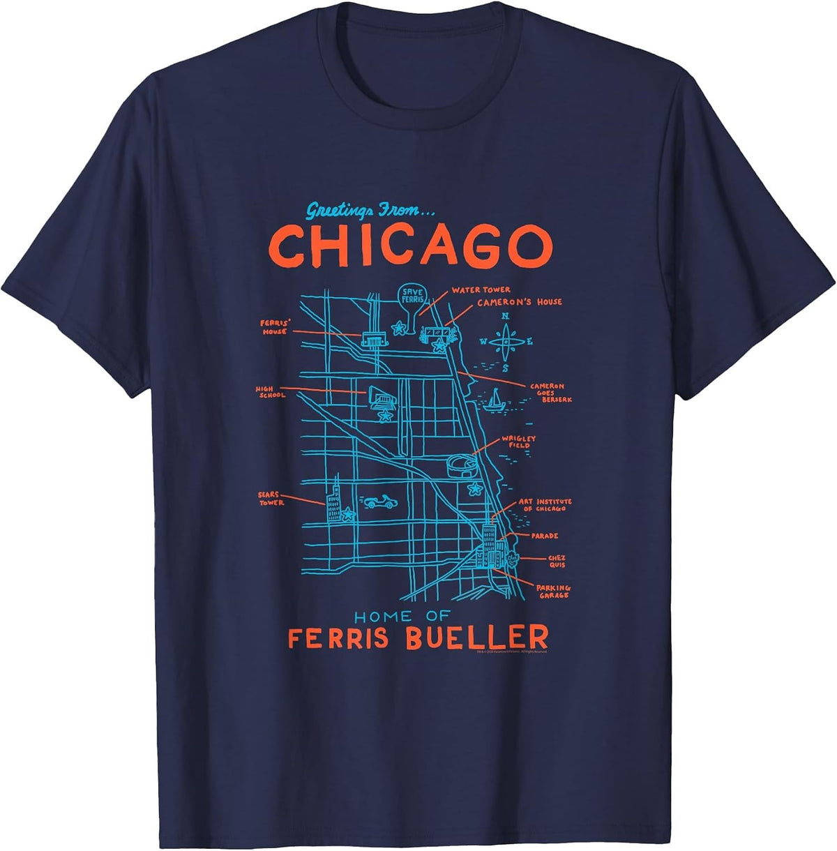 Ferris Bueller's Day Off Chicago Map Funny Movie T-Shirt - Navy Blue