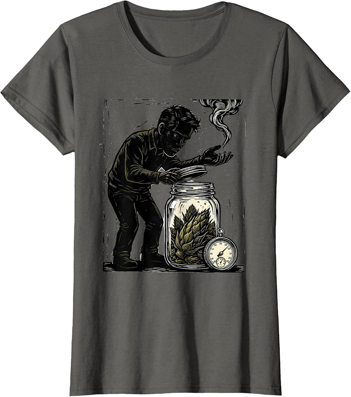 Women's Curing Jar Bud Linocut Stoner Cannabis Humor Novelty T-Shirt - Asphalt Grey