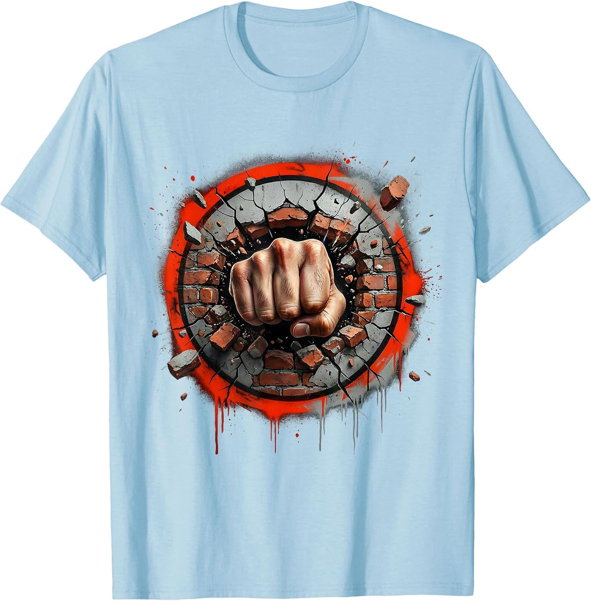 Men's Punk Rock Fist Through Brick Wall Graphic T-Shirt - Baby Blue