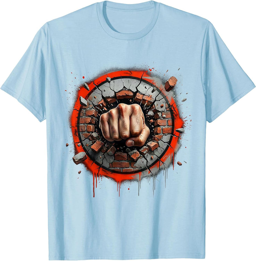 Men's Punk Rock Fist Through Brick Wall Graphic T-Shirt - Baby Blue