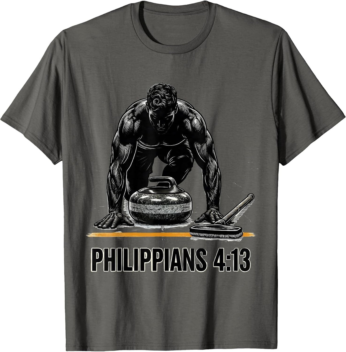 Philippians 4:13 Scratchboard Curling Athlete Faith Graphic T-Shirt - Asphalt Grey