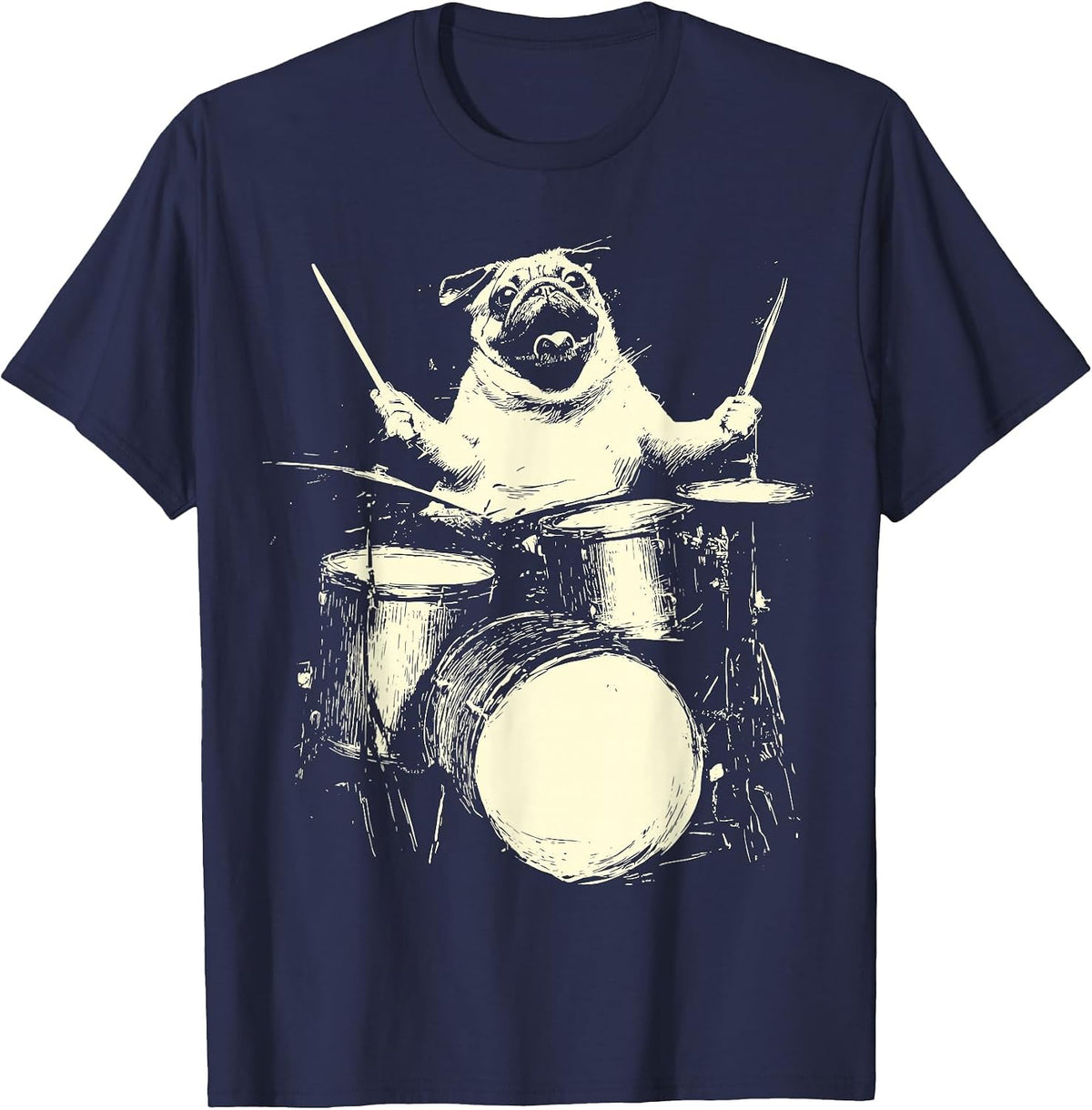 Cute Pug Playing Drums Funny Music Dog Drummer Graphic T-Shirt - Navy Blue