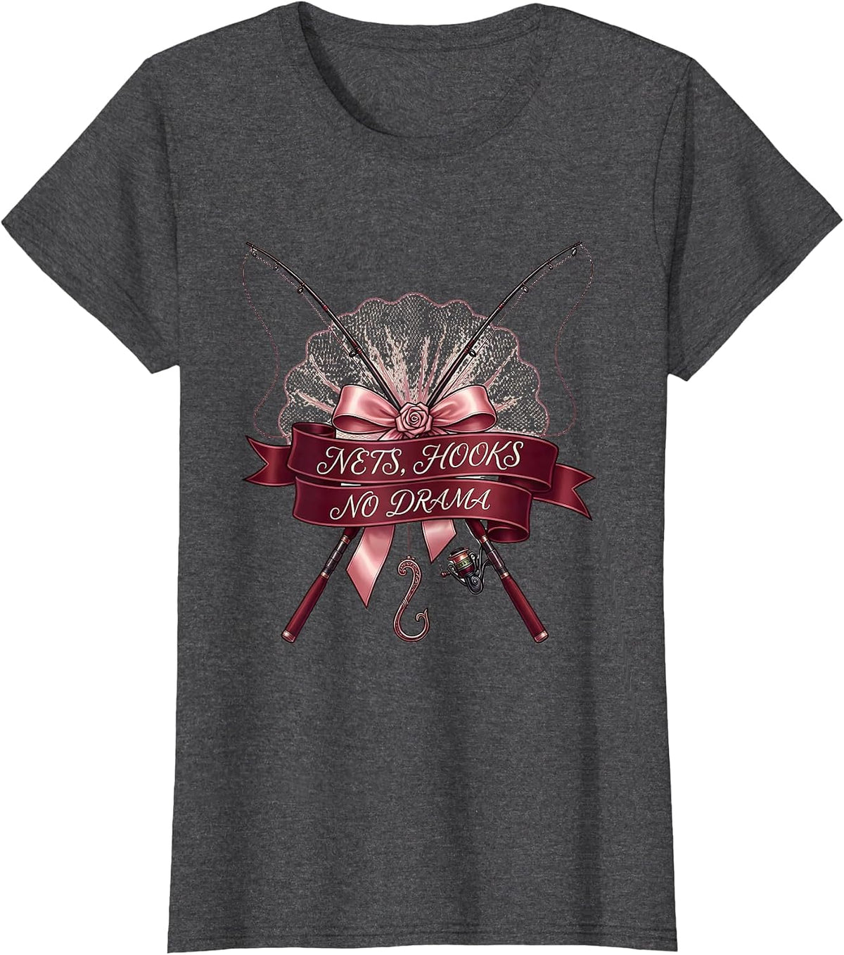 Women's Nets Hooks No Drama Fishing Design T-Shirt - Dark Heather Grey