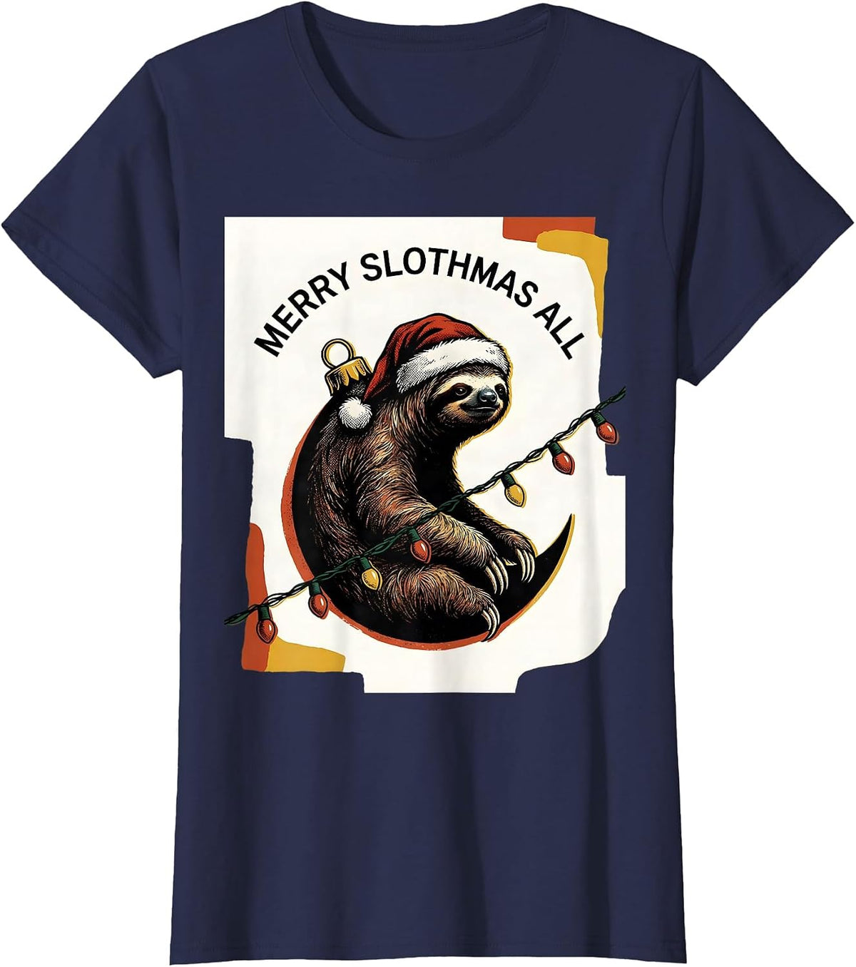 Women's Merry Slothmas, All Funny Sloth Lover Christmas Lights T-Shirt - Navy Blue