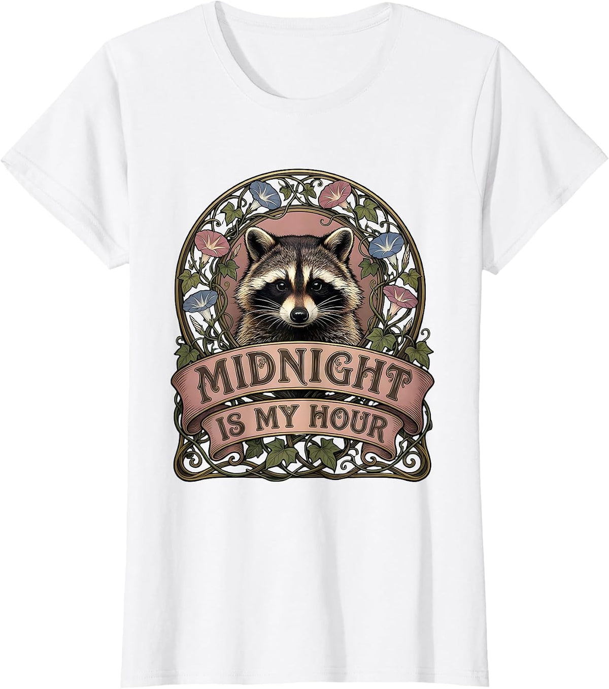 Women's Midnight Is My Hour Raccoon Night Owl Design T-Shirt - White