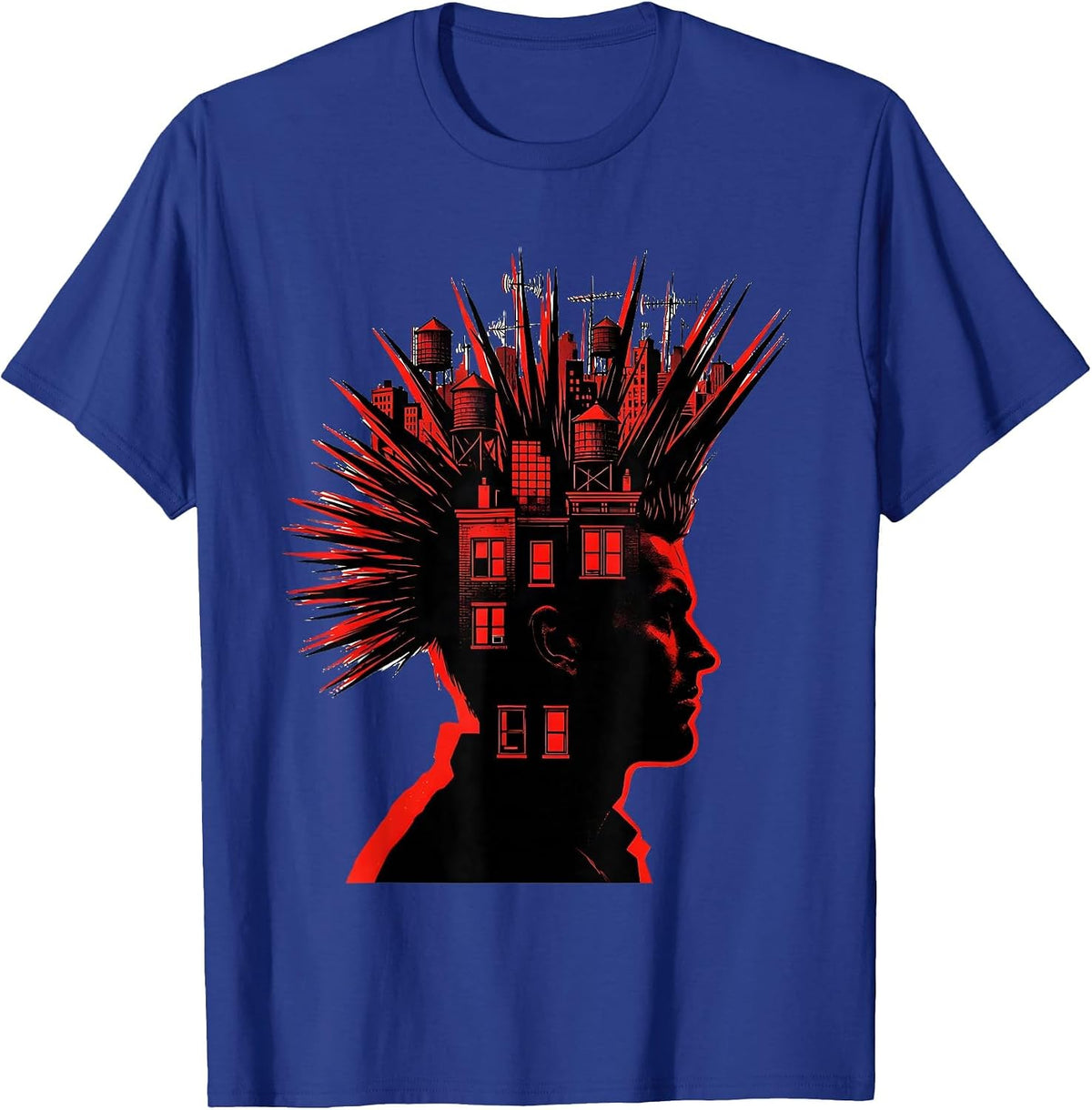 Punk Mohawk City Skyline Silhouette Design T-Shirt - Royal Blue