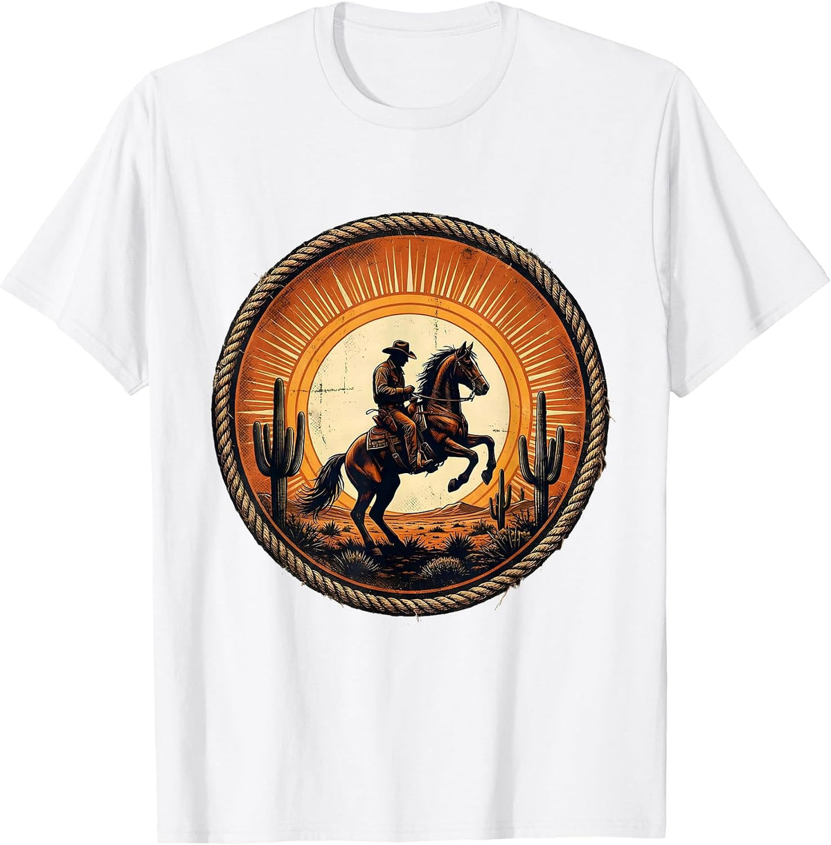 Men's Cowboy Silhouette Riding Horse at Sunset T-Shirt - White
