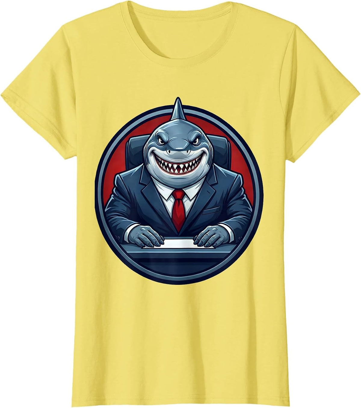 Shark in Business Suit Office Desk Funny Graphic T-Shirt - Lemon Yellow