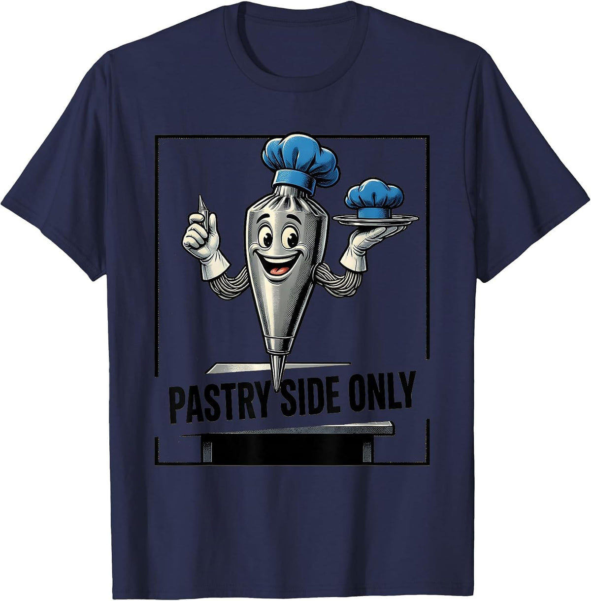 Pastry Side Only Retro Cartoon Chef Kitchen Staff Humor T-Shirt - Navy Blue