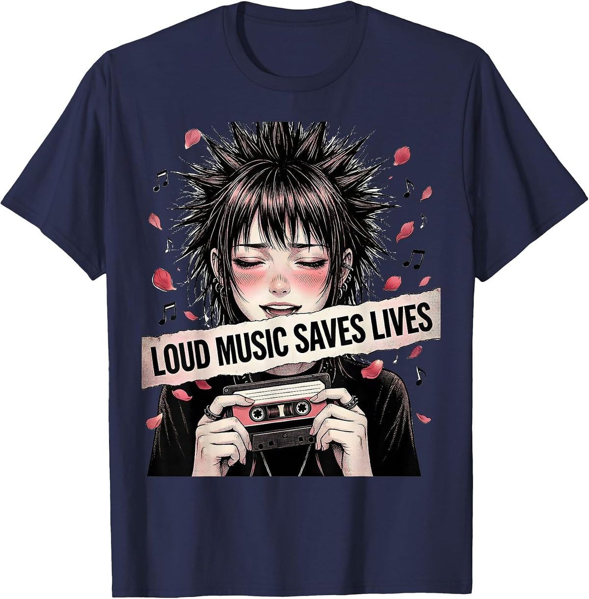 Loud Music Saves Lives Punk Rock Design T-Shirt - Navy Blue