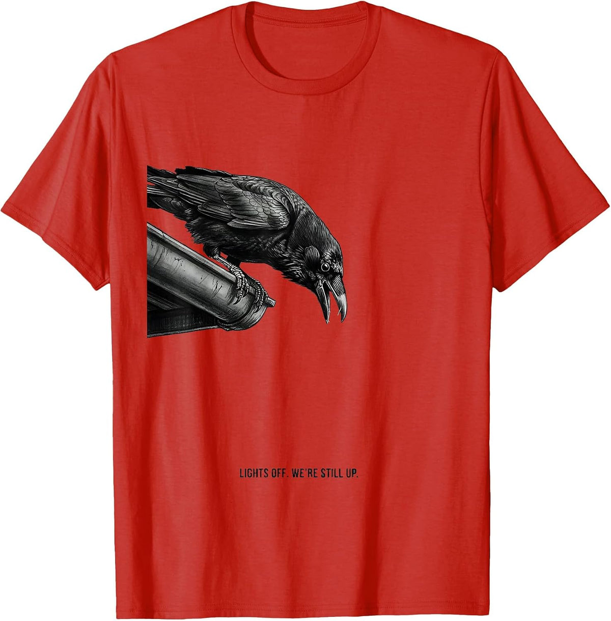 Men's Lights Off We're Still Up Funny Crow Bird Lover Gothic Humor T-Shirt - Red
