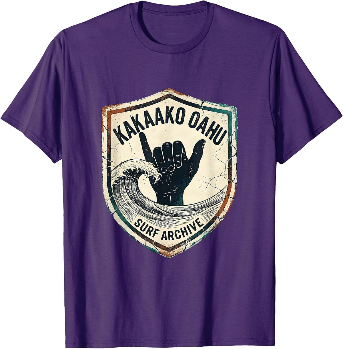Men's Kakaako Oahu Surf Archive Distressed Vintage Surf Shaka Hand T-Shirt - Purple
