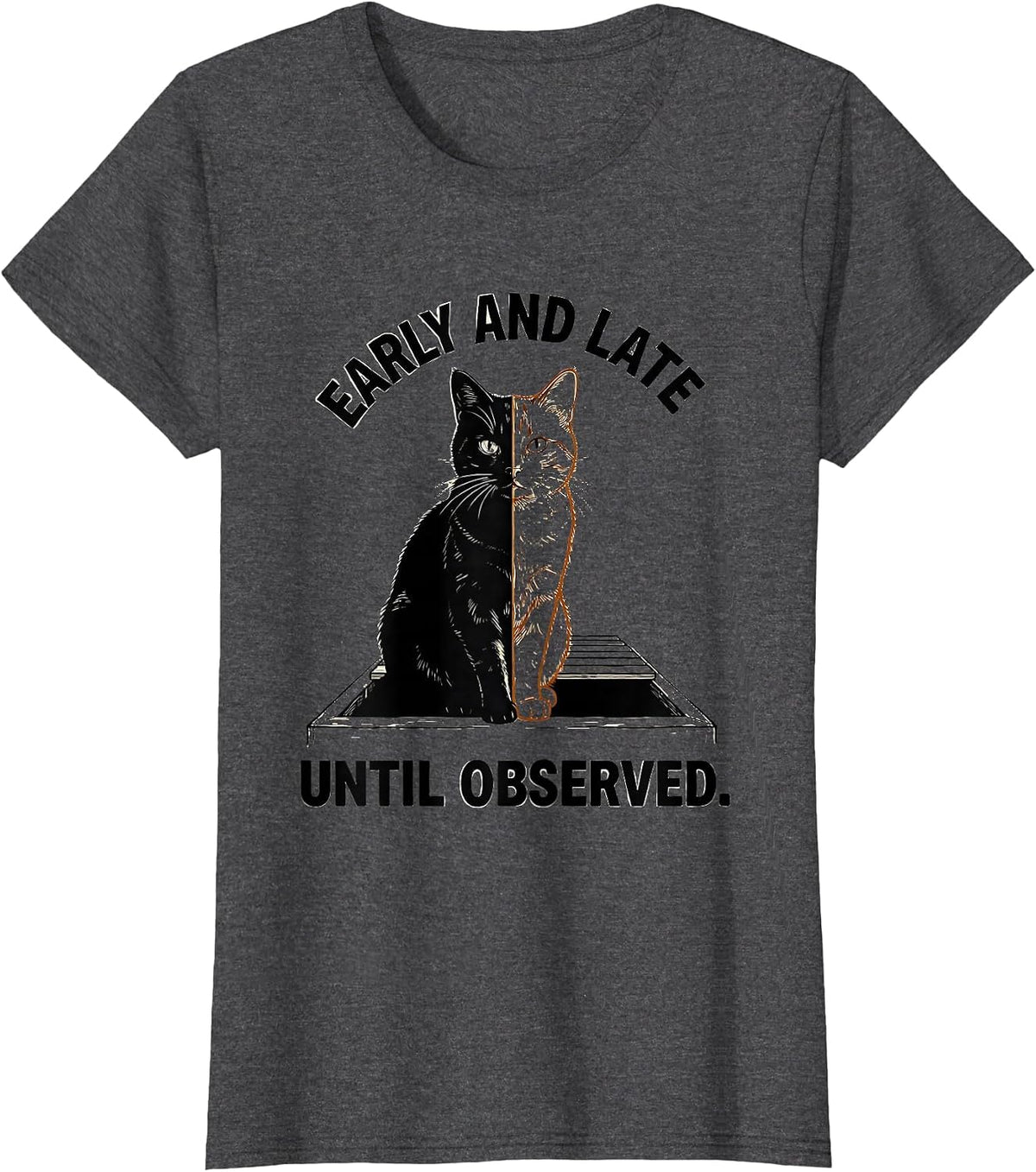 Women's Early And Late Until Observed Quantum Physics Cat Humor T-Shirt - Dark Heather Grey