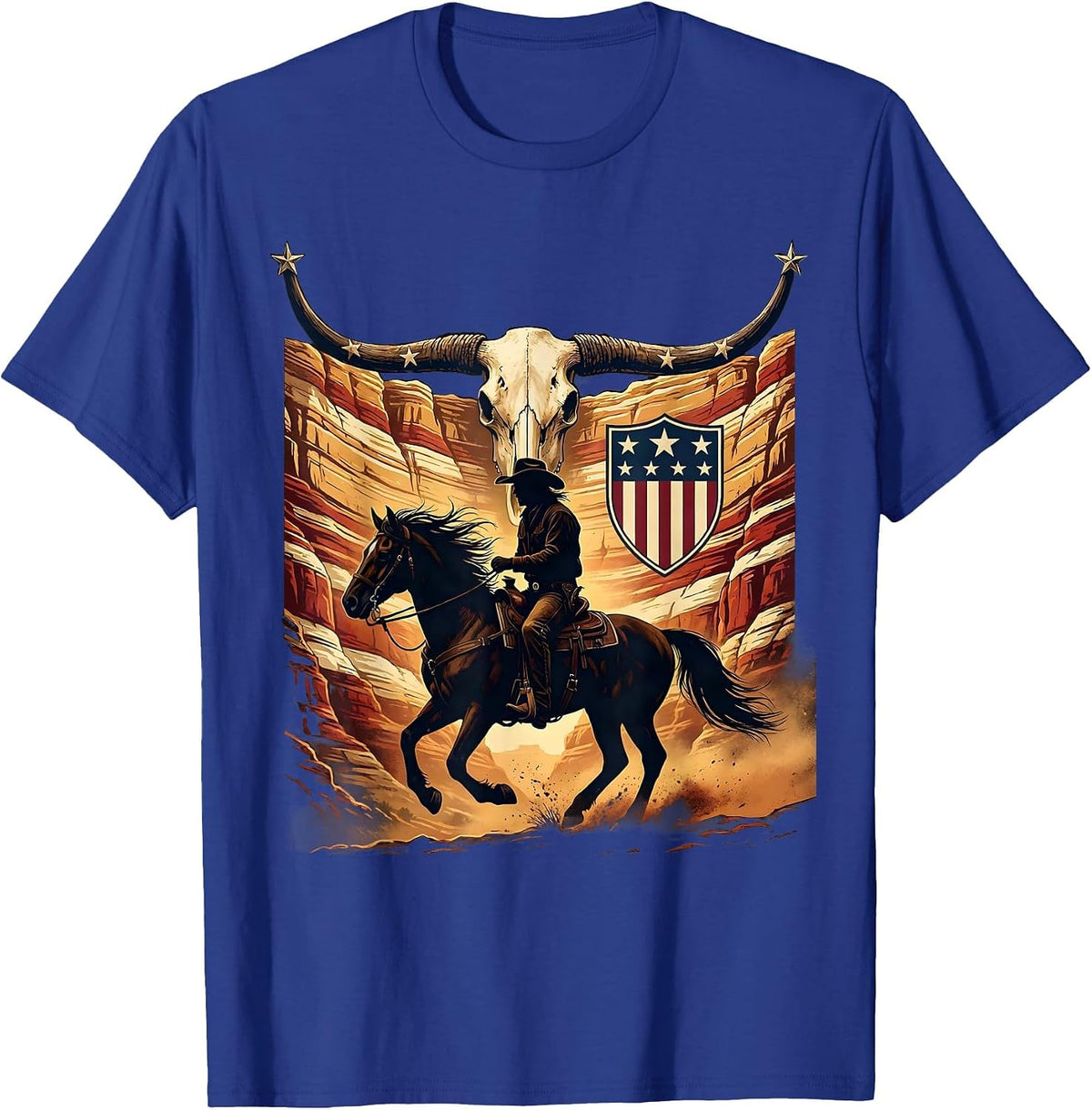 Cowboy Riding Into Canyon at Sunrise T-Shirt - Royal Blue