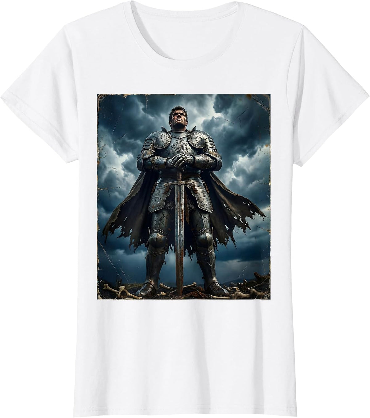 Ancient Warrior Standing Tall Against Dark Clouds T-Shirt - White