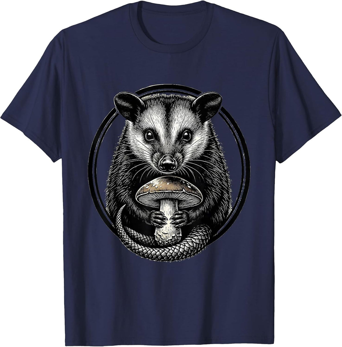 Men's Opossum Holding Mushroom Cute Wildlife Art T-Shirt - Navy Blue