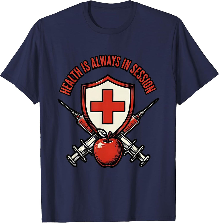 School Nurse Health Is Always In Session Design T-Shirt - Navy Blue