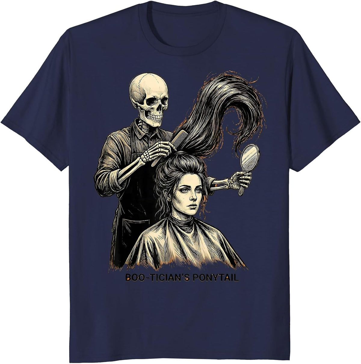 Men's Boo-tician's Ponytail Funny Skeleton Hairstylist Halloween T-Shirt - Navy Blue