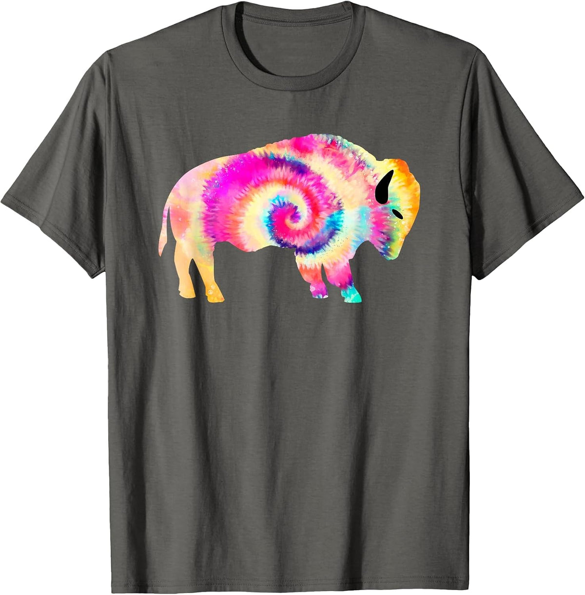 Rainbow Tie Dye Buffalo American Bison T-Shirt - Asphalt Grey
