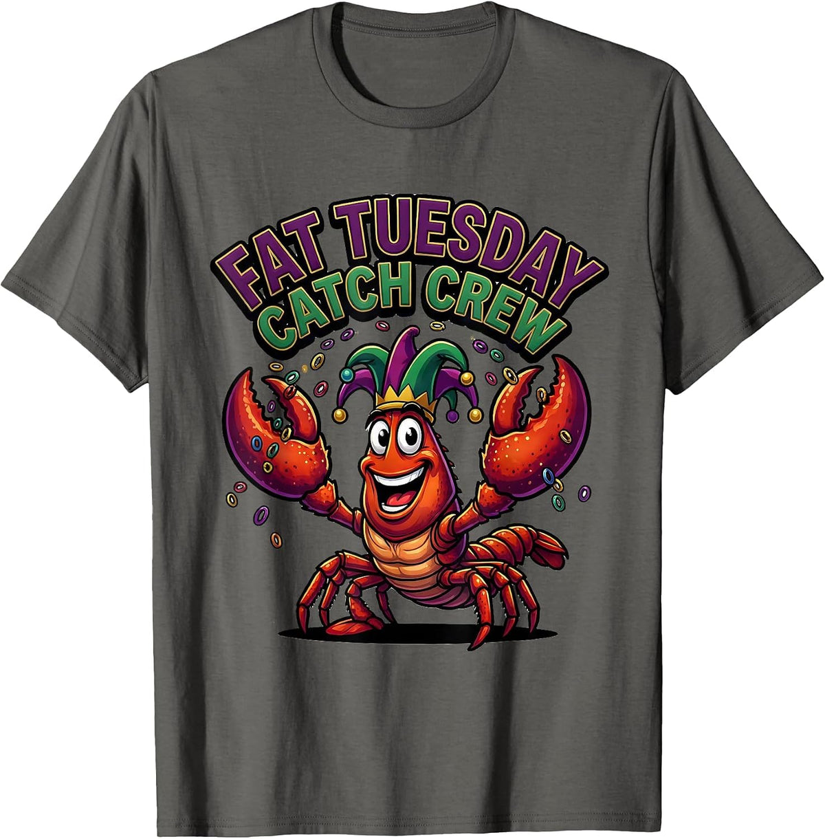 Fat Tuesday Catch Crew Cartoon Crawfish Jester Mardi Gras T-Shirt - Asphalt Grey