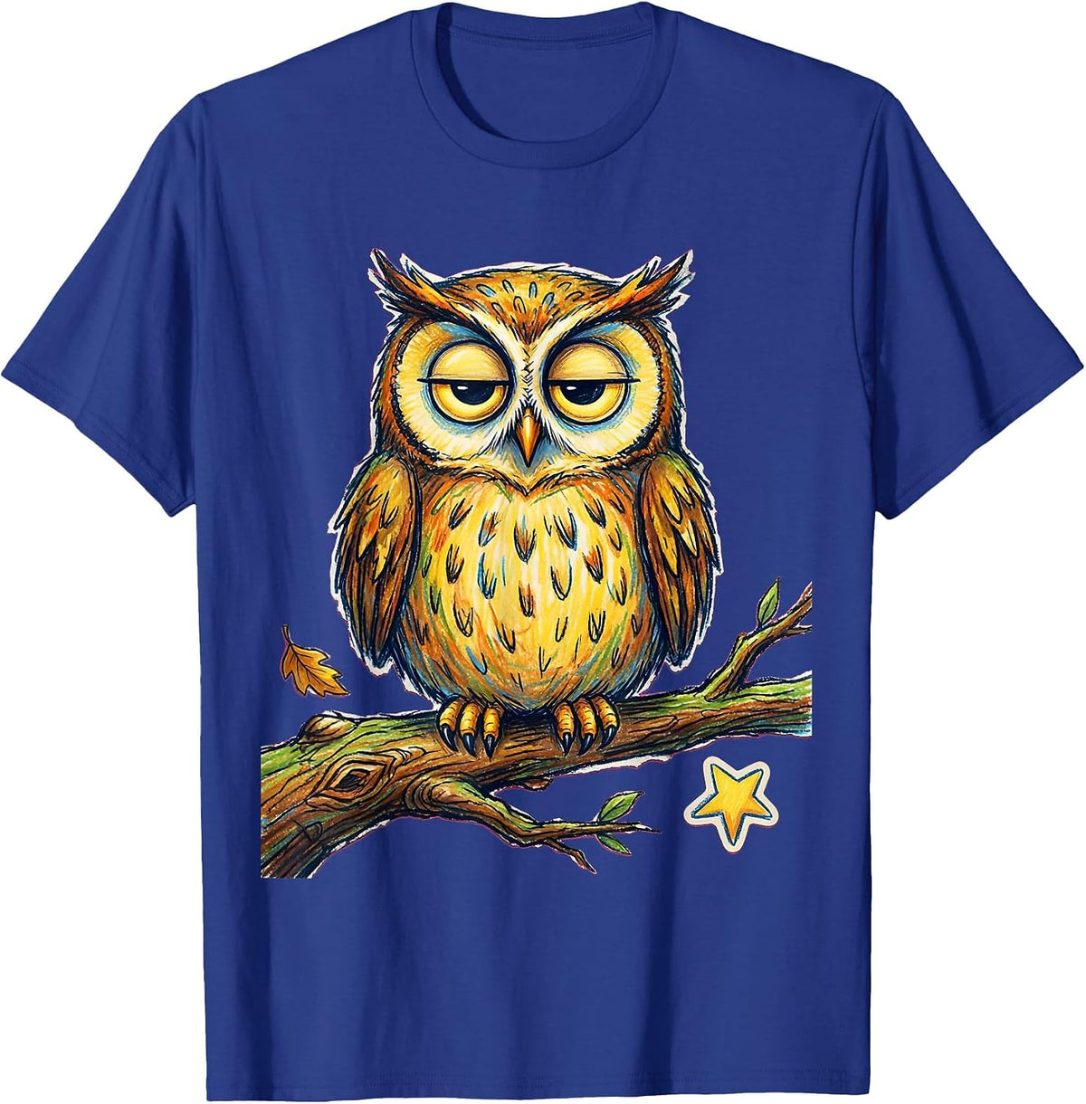 Men's Unamused Owl on Broken Branch Illustration T-Shirt - Royal Blue