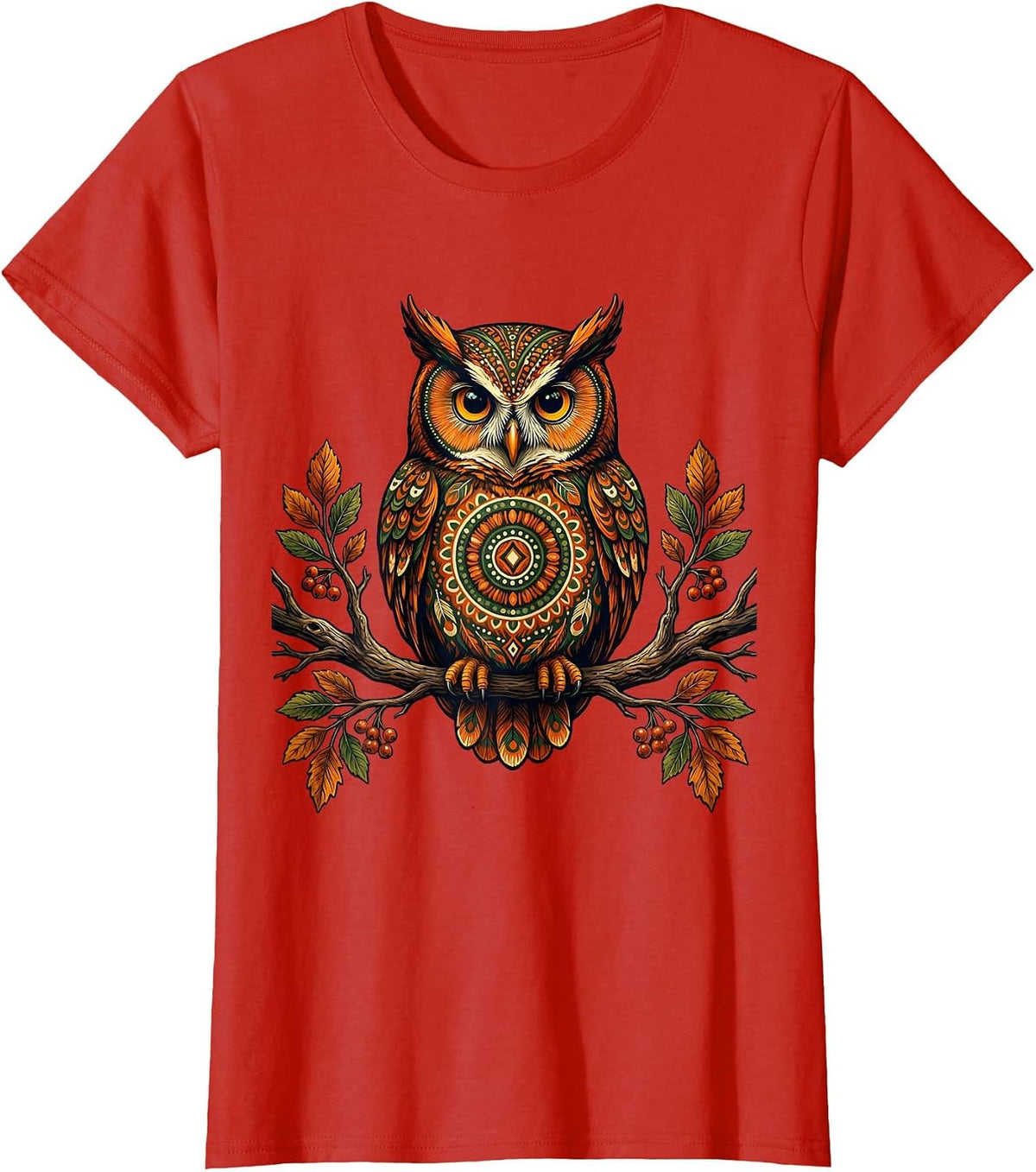 Women's Autumn Owl Perched on Bare Branch Fall Design T-Shirt - Red