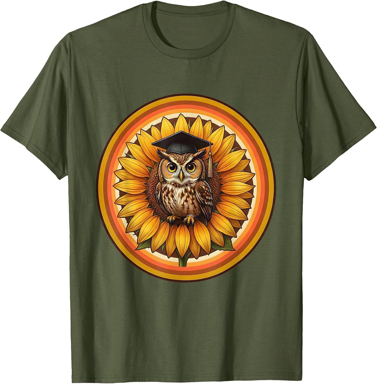 Owl Graduation Cap Sunflower Yellow Teacher Gift T-Shirt - Olive Green