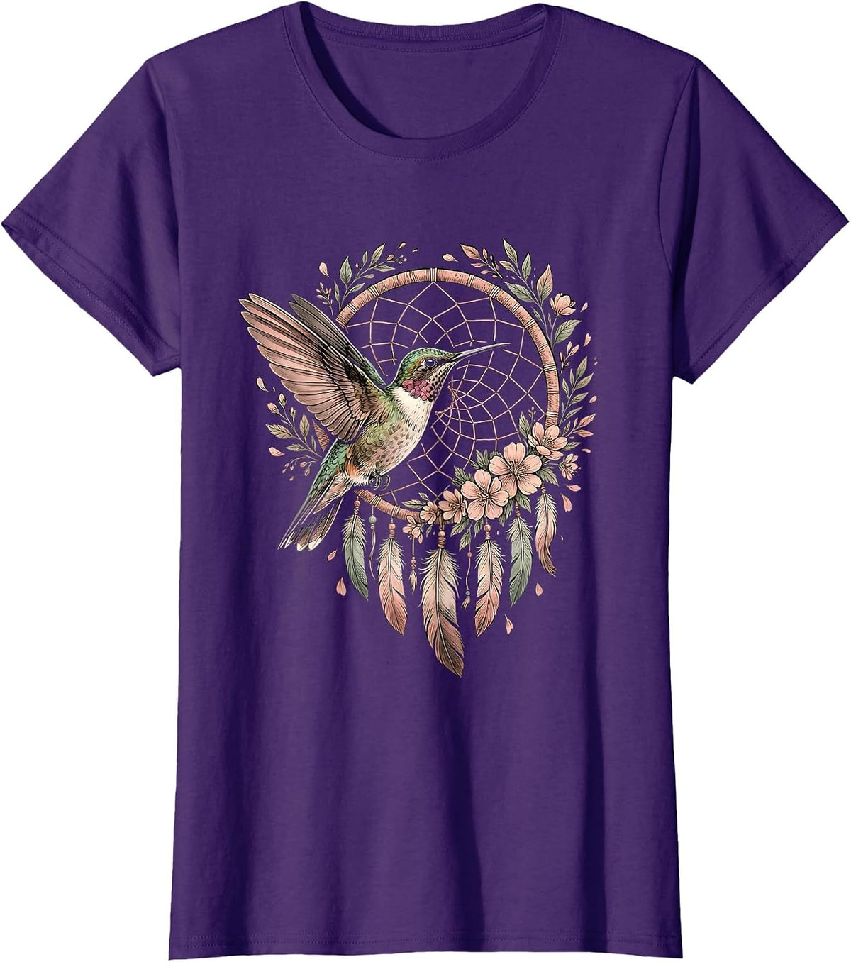 Women's Hummingbird Floral Dreamcatcher Boho Summer Design T-Shirt - Purple