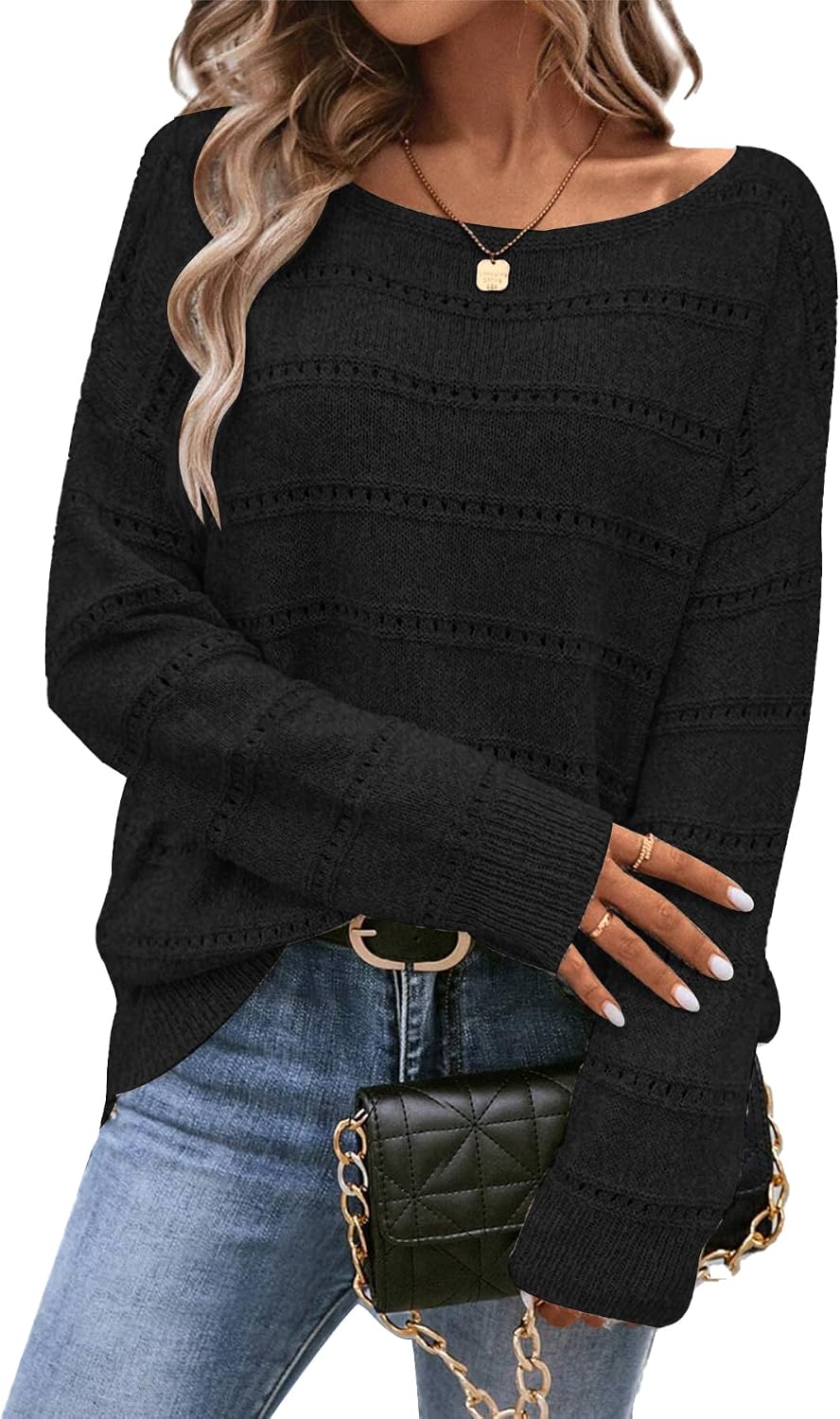 Women's Sweater Soft Boat Neck Long Sleeve Oversized Sweaters Crochet Pullover Knit Tops - Black