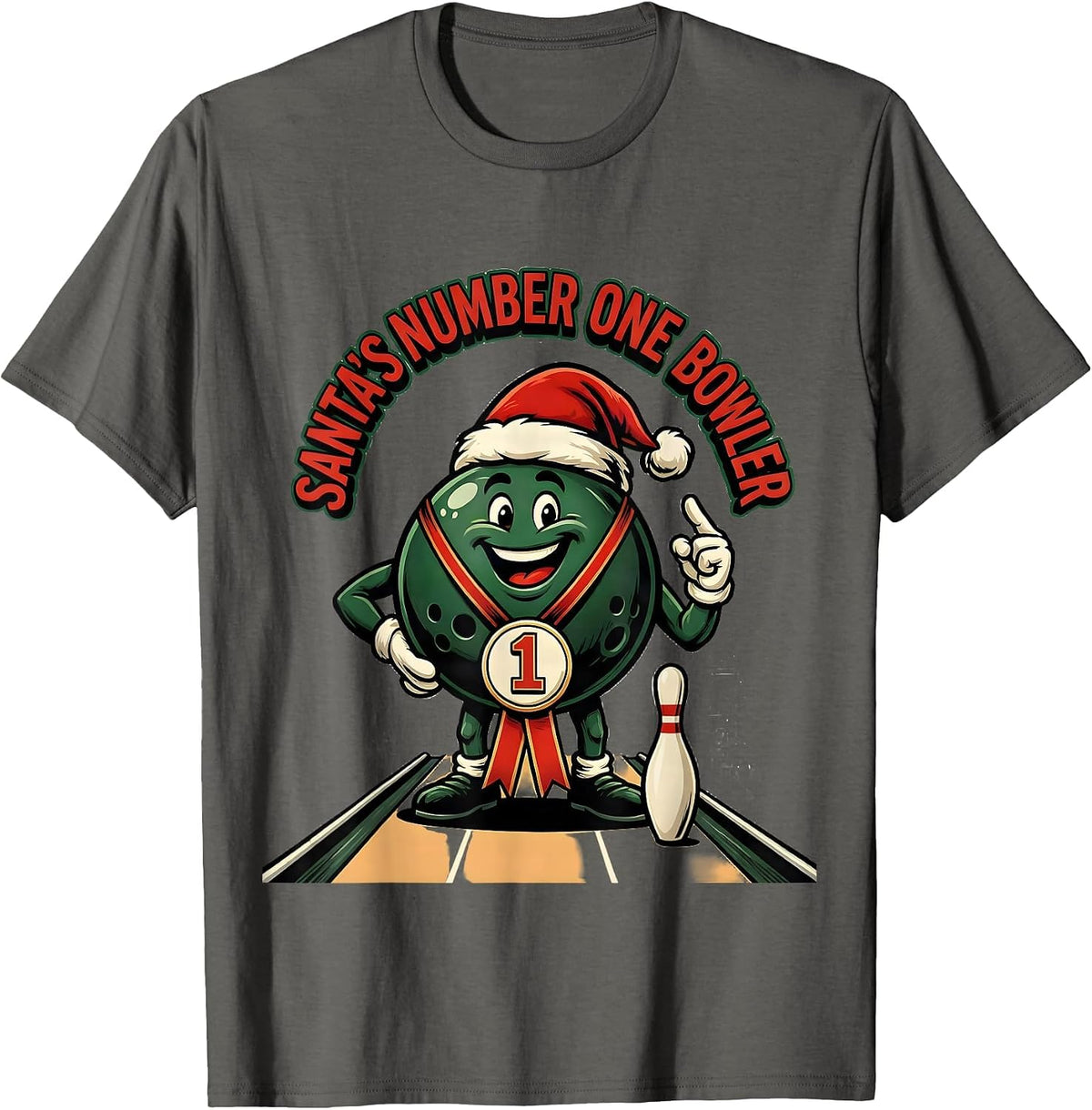 Men's Santa's Number One Bowler Funny Christmas Bowling Team Squad T-Shirt - Asphalt Grey