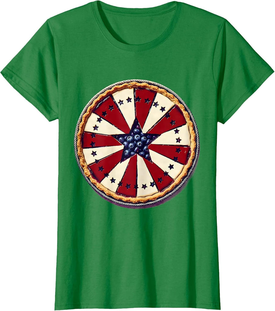 Women's Red White and Blueberry Pie Patriotic Graphic T-Shirt - Kelly Green