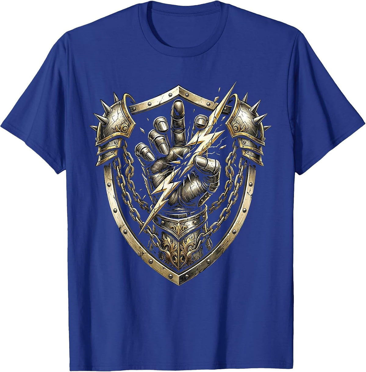 Men's Gauntlet Power Metal Fist Crushing Lightning Bolt T-Shirt - Royal Blue