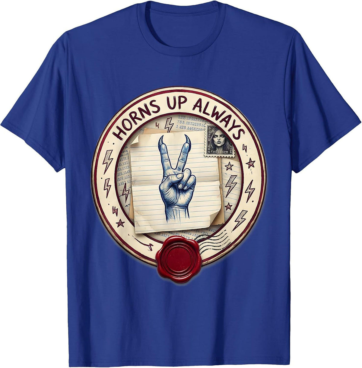 Horns Up Always Heavy Metal Graphic Design T-Shirt - Royal Blue