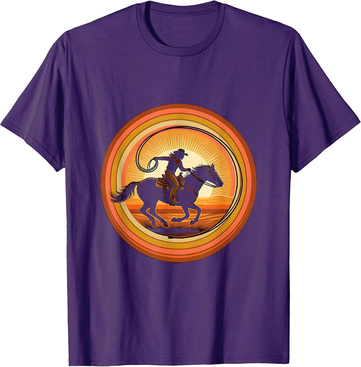 Cowgirl Twirling Rope on Horseback Illustration T-Shirt - Purple