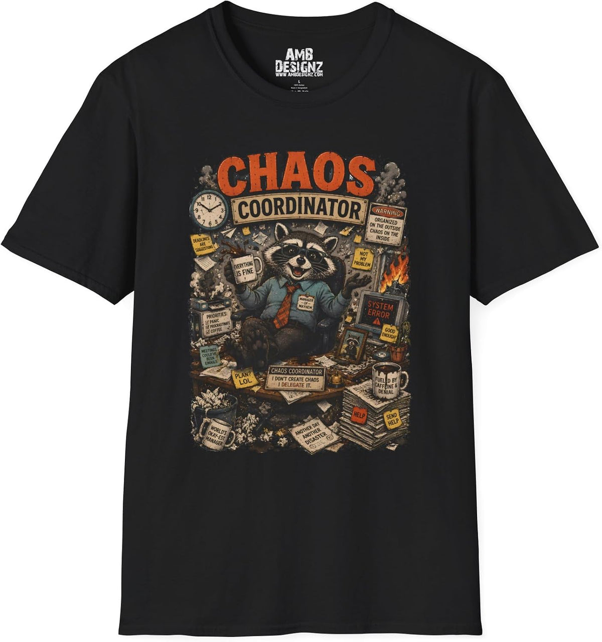 Chaos Coordinator Shirt Funny Raccoon Office Tee, Work Humor Graphic, Coworker Gift Men Women - Black